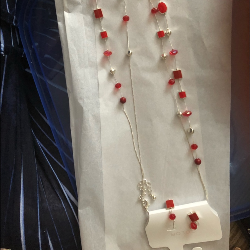 Silver and red necklace and earrings set